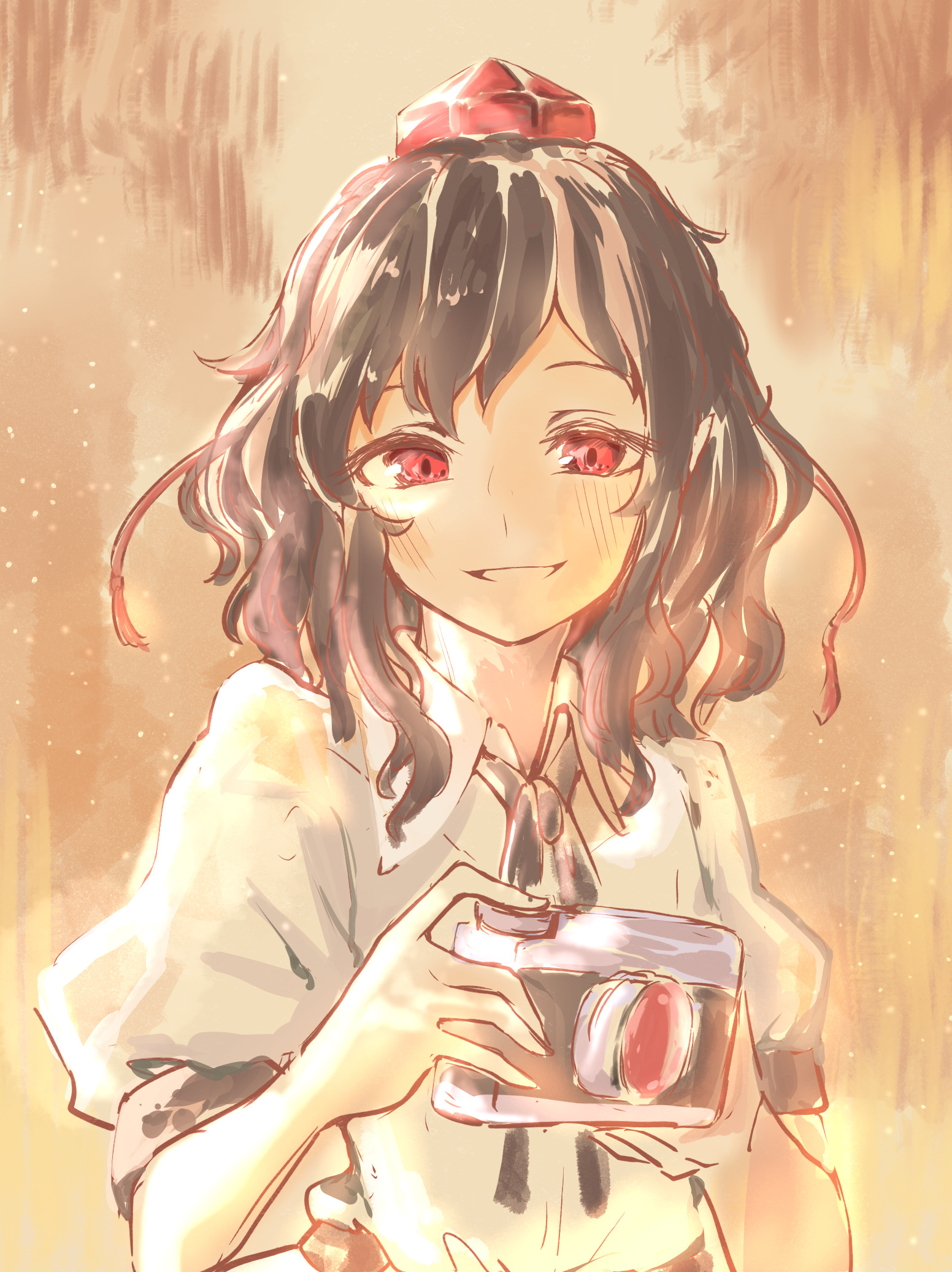 seele (chanseele0128), shameimaru aya, touhou, commentary, highres, 1girl, black hair, black ribbon, blush, camera, collared shirt, dress shirt, grin, hands up, hat, holding, holding camera, looking at viewer, medium hair, neck ribbon, puffy short sleeves, puffy sleeves, red eyes, red hat, ribbon, shirt, short sleeves, smile, solo, tokin hat, upper body, wavy hair, white shirt, yellow background