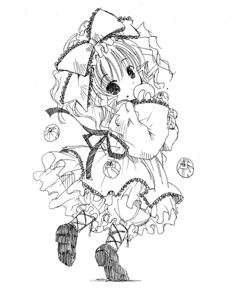 watari masahito, hinaichigo, rozen maiden, 00s, 1girl, bow, eating, female focus, full body, greyscale, looking at viewer, looking back, monochrome, shoes, solo, white background