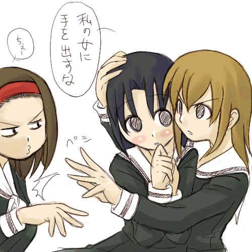 mizuno youko, satou sei, torii eriko, maria-sama ga miteru, lowres, 00s, 3girls, black hair, blonde hair, blush stickers, brown hair, comic, hairband, multiple girls, o3o, school uniform, serafuku, simple background
