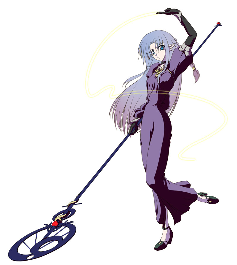 medea (caster) (fate), medea (fate), fate/stay night, fate (series), 00s, 1girl, arm up, black gloves, blue eyes, braid, dress, female focus, gloves, gradient hair, grey hair, hecate's staff (fate), high heels, long dress, long hair, multicolored hair, pointy ears, simple background, solo, staff, white background, wrist cuffs