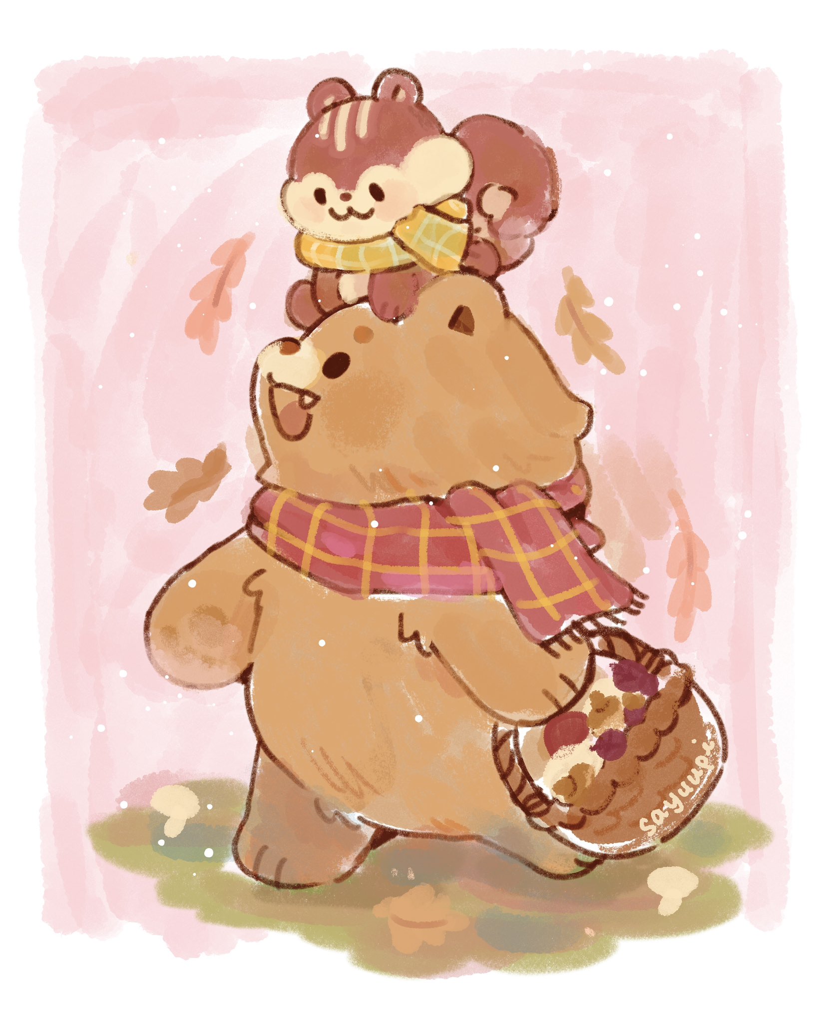 sayuupi, original, commentary, english commentary, highres, acorn, animal, artist name, autumn leaves, basket, bear, black eyes, fang, leaf, looking down, looking up, no humans, on head, scarf, smile, squirrel, walking