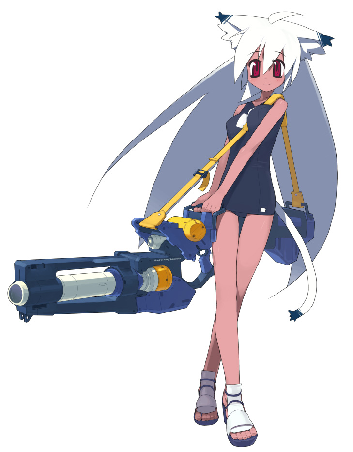 kusaka kokage, kokage-san, original, 1girl, ahoge, animal ears, between breasts, breasts, cat ears, cat tail, coilgun, dark-skinned female, dark skin, female focus, full body, gun, long hair, magnetic weapon, one-piece swimsuit, red eyes, school swimsuit, simple background, solo, standing, strap between breasts, swimsuit, tail, very long hair, weapon, white background, white hair