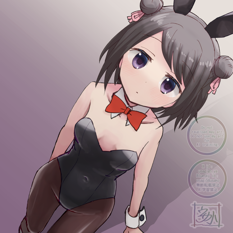 usagikoya, kuroe (madoka magica), magia record: mahou shoujo madoka magica gaiden, mahou shoujo madoka magica, commentary request, 1girl, alternate costume, animal ears, bare shoulders, black hair, black leotard, bow, bowtie, breasts, brown pantyhose, buttons, cleavage, collar, collarbone, covered navel, cowboy shot, detached collar, dot nose, double bun, dutch angle, expressionless, fake animal ears, gradient background, hair bun, hair ribbon, leotard, light blush, looking at viewer, low neckline, pantyhose, parted lips, pink ribbon, playboy bunny, purple background, purple eyes, rabbit ears, red bow, red bowtie, ribbon, shadow, short hair, solo, strapless, strapless leotard, tareme, traditional bowtie, watermark, white collar, white wrist cuffs, wrist cuffs