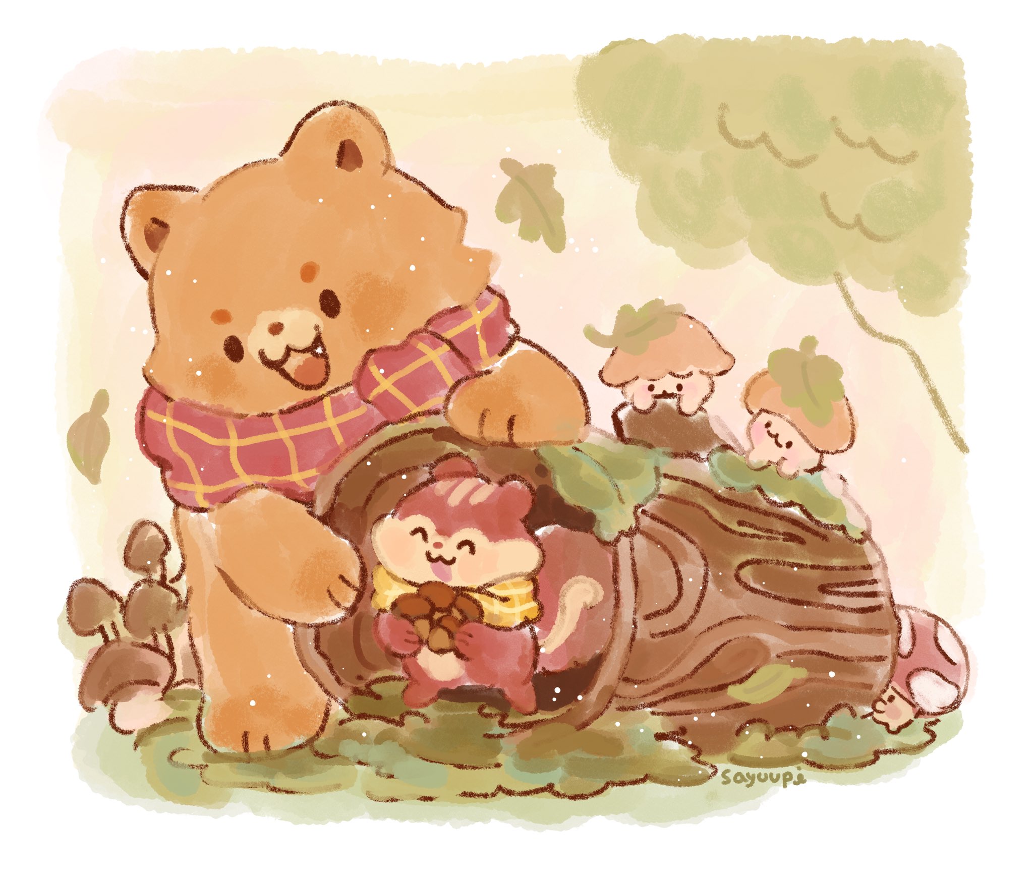 sayuupi, original, commentary, english commentary, highres, acorn, animal, artist name, bear, blush, closed eyes, fang, happy, leaf, log, mushroom, no humans, scarf, smile, squirrel, standing, tree