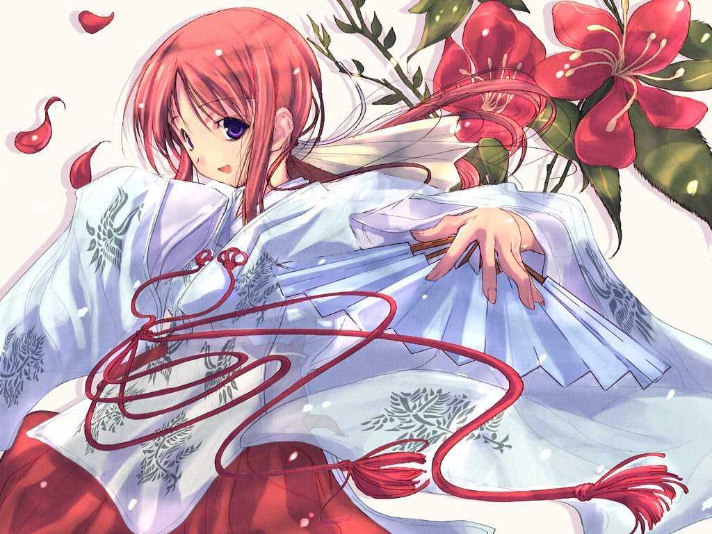 ozaki hiroki, miyashiro karin, mizukabe, original, suigetsu, 1girl, bird, crane (animal), female focus, flower, folding fan, hand fan, holding, holding fan, japanese clothes, long hair, looking at viewer, miko, open mouth, petals, ponytail, purple eyes, red hair, solo
