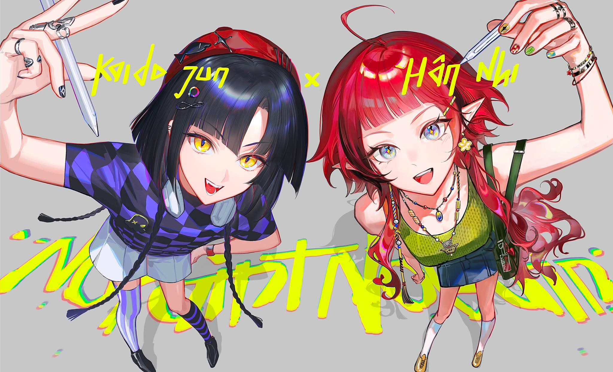 hannhi 1005, kaido jun, original, artist collaboration, highres, + +, 2girls, ahoge, artist name, bag, bare shoulders, black hair, blue eyes, blue skirt, blunt bangs, bracelet, collarbone, curly hair, dress, earrings, fang, graffiti, green dress, hair ornament, hairclip, hand on own hip, hat, headphones, holding, holding stylus, jewelry, long hair, looking at viewer, multicolored eyes, multiple girls, nail polish, necklace, open mouth, pointy ears, purple shirt, red hair, red hat, ring, shirt, shoes, shorts, shoulder bag, skirt, slit pupils, smile, standing, stylus, thighhighs, two-tone eyes, two-tone shirt, white shorts, white thighhighs, yellow eyes