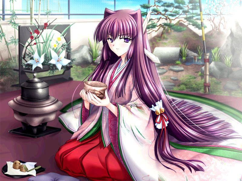 kagura kaguya, saishuu shiken kujira, game cg, 00s, 1girl, bell, female focus, hair bell, hair ornament, hakama, hakama skirt, japanese clothes, long hair, miko, red hakama, skirt, solo, tea ceremony, teaceremony, very long hair