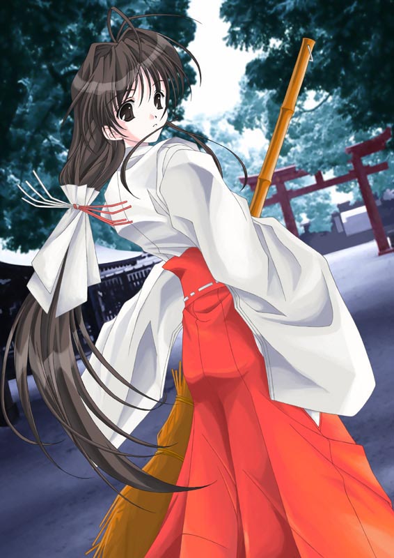 artist request, character request, copyright request, 1girl, bamboo broom, broom, brown hair, female focus, hakama, hakama skirt, japanese clothes, long hair, looking back, miko, red hakama, skirt, solo, torii, very long hair