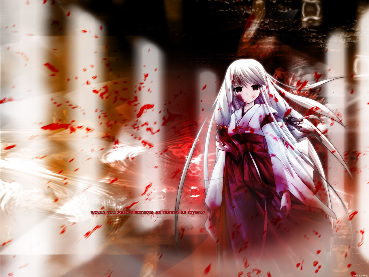 arima yuzu, tsuki kagerou, 00s, 1girl, blood, blood in hair, blood on clothes, blood on face, blood splatter, empty eyes, female focus, hakama, hakama skirt, japanese clothes, long hair, miko, red hakama, skirt, solo, very long hair, white hair
