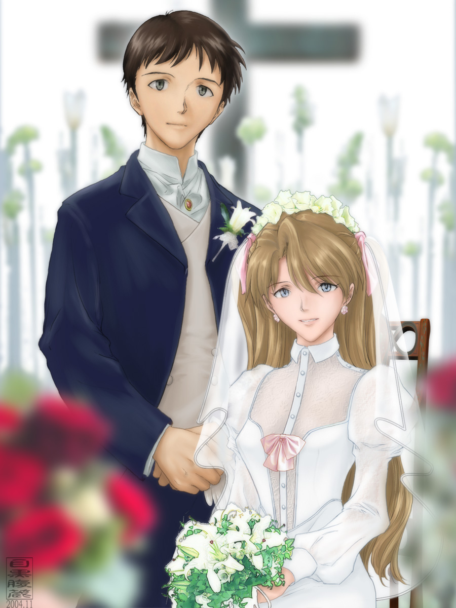 meguro fukuzou, ikari shinji, souryuu asuka langley, neon genesis evangelion, highres, 1boy, 1girl, aged up, alternate reality, blonde hair, blue eyes, bouquet, bridal veil, bride, brown hair, cross, dress, earrings, flower, formal clothes, good end, jewelry, long hair, ribbon, smile, suit, veil, wedding, wedding dress, white dress