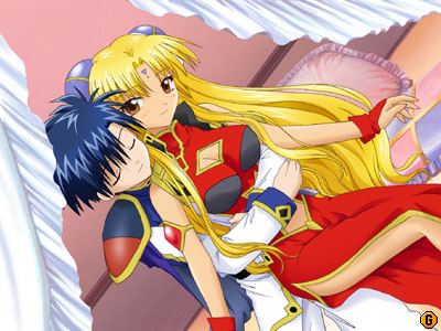ranpha franboise, takuto meyers, broccoli (company), galaxy angel, game cg, lowres, 00s, 1boy, 1girl, arms around waist, blonde hair, blue hair, cleavage cutout, closed eyes, clothing cutout, curtains, facial mark, forehead mark, hetero, hug, hug from behind, long hair, smile, very long hair