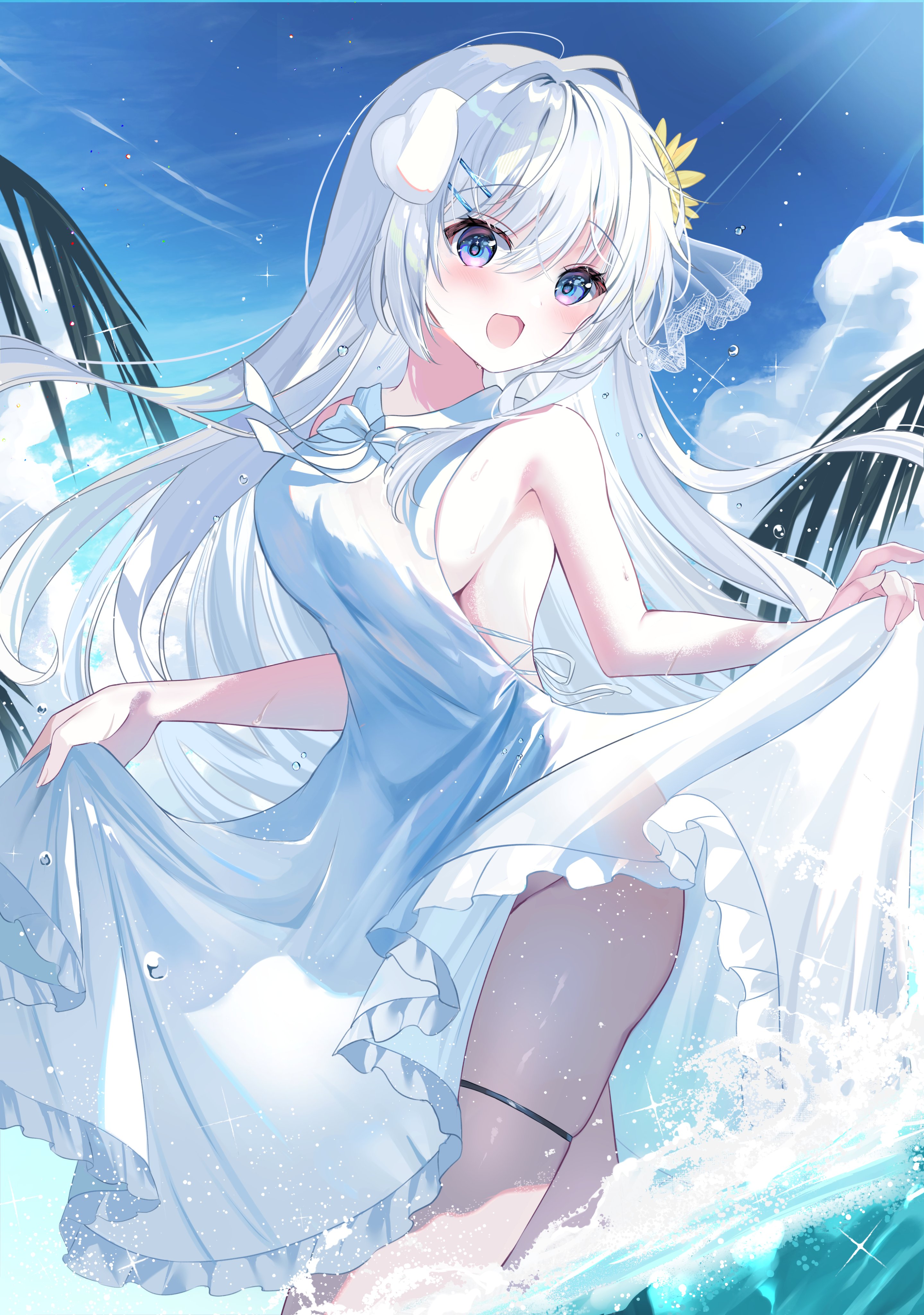 tsukimiya sara, original, absurdres, highres, 1girl, bare shoulders, blue eyes, blue sky, blush, bow, breasts, dress, flower, hair flower, hair ornament, large breasts, legs, long hair, looking at viewer, open mouth, outdoors, palm tree, sideboob, sky, sleeveless, sleeveless dress, smile, solo, sundress, thigh strap, thighs, tree, very long hair, water, white bow, white dress, white hair