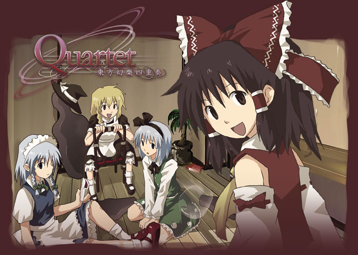 char, hakurei reimu, izayoi sakuya, kirisame marisa, konpaku youmu, touhou, silver hair, white legwear, 4girls, :d, :o, against wall, apron, bare shoulders, between thighs, black eyes, black hair, blonde hair, bob cut, bow, braid, detached sleeves, female focus, frills, hair bow, hair tubes, hairband, hat, indoors, large bow, leaning forward, long hair, looking at viewer, looking back, maid, maid apron, maid headdress, mary janes, multiple girls, open mouth, plant, potted plant, reading, seiza, shirt, shoes, sitting, sitting backwards, skirt, skirt set, smile, twin braids, vest, witch hat