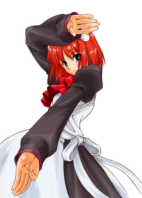 dennoudenpa, hisui (tsukihime), tsukihime, 00s, 1girl, apron, blue eyes, female focus, fighting stance, maid, maid apron, red hair, short hair, solo