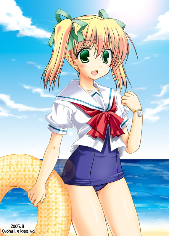 shigemiya kyouhei, original, 1girl, beach, blonde hair, blue one-piece swimsuit, day, female focus, green eyes, innertube, no pants, ocean, one-piece swimsuit, outdoors, school swimsuit, school uniform, serafuku, sky, solo, swim ring, swimsuit, swimsuit under clothes, twintails, water