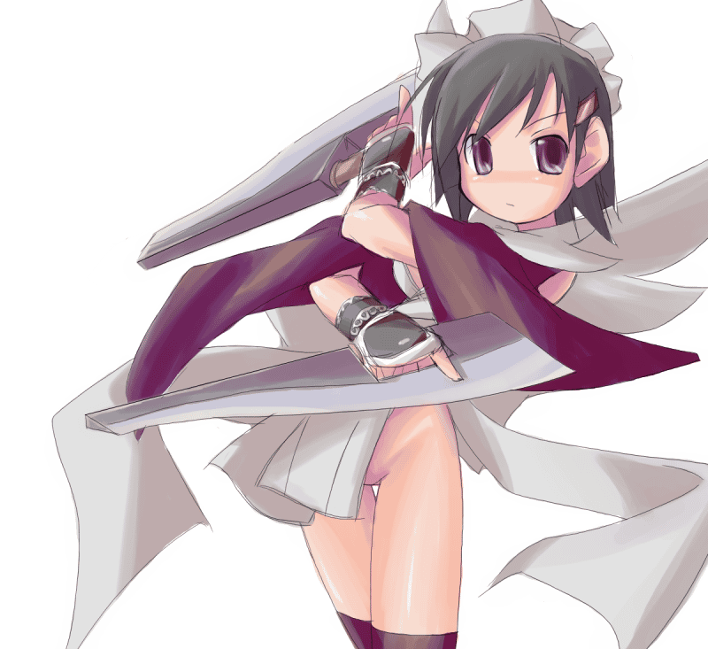 yomi (artist), iroha (samurai spirits), samurai spirits, snk, 1girl, black hair, black thighhighs, blush, dual wielding, female focus, fingerless gloves, gloves, groin, hair ornament, hairclip, holding, maid headdress, ninja, no panties, no pussy, purple eyes, short hair, solo, thigh gap, thighhighs, thighs, weapon