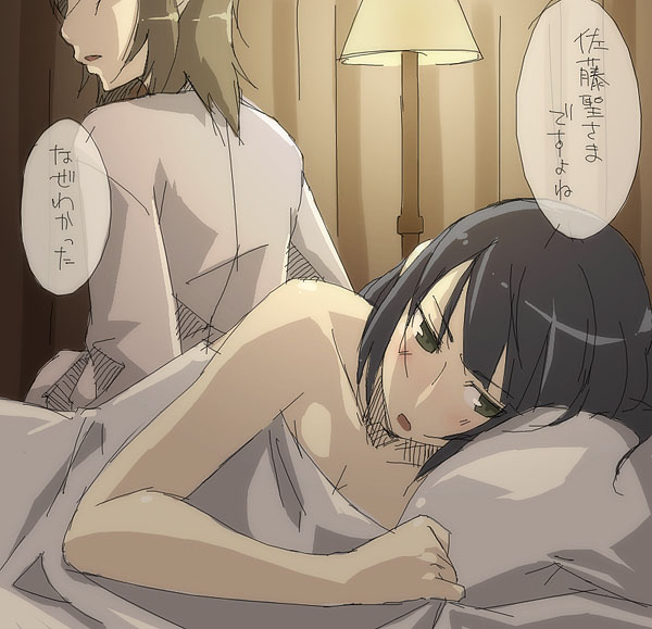 kyo (kuroichigo), nijou noriko, satou sei, maria-sama ga miteru, translated, 00s, 2girls, aftersex, bed, head on pillow, multiple girls, pillow, sketch, speech bubble, under covers, yuri