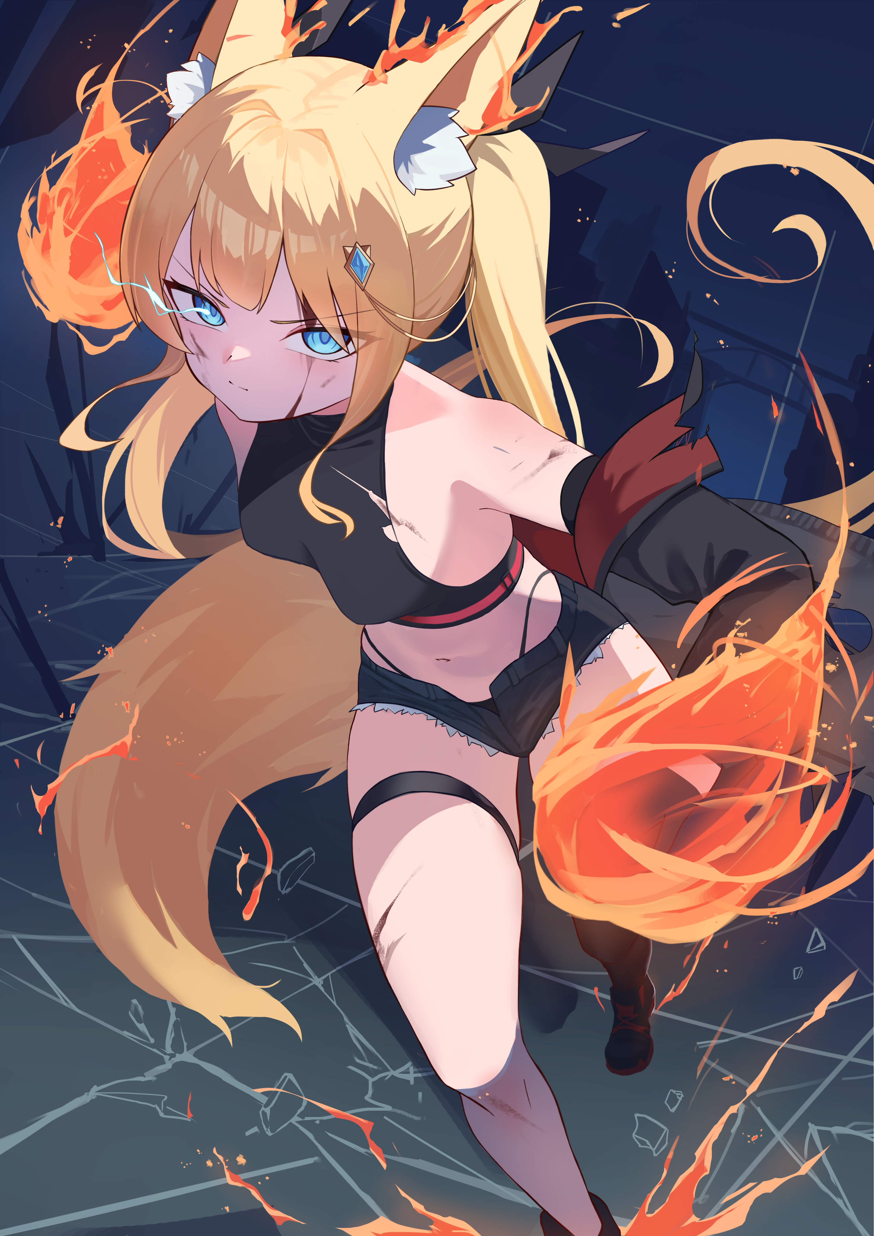 kareya (jixo95821699), original, absurdres, highres, 1girl, animal ear fluff, animal ears, asymmetrical legwear, bare shoulders, black gloves, black sleeves, black tank top, black thighhighs, blonde hair, blood, blood on face, blue eyes, breasts, denim, eye trail, fire, gloves, jeans, light trail, looking at viewer, magic, navel, pants, serious, short shorts, shorts, solo, stomach, tank top, thigh strap, thighhighs, thighs, twintails