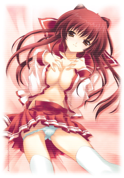 ariko youichi, kousaka tamaki, to heart (series), to heart 2, 00s, 1girl, areola slip, bed, blue panties, blush, breasts, breasts squeezed together, brown eyes, cleavage, female focus, female pubic hair, from above, green panties, large breasts, long hair, lying, midriff, miniskirt, navel, on back, open clothes, open shirt, panties, panty pull, pleated skirt, pubic hair, red hair, scanlines, school uniform, serafuku, shirt, skirt, smile, solo, thighhighs, underwear, undressing, white thighhighs, zettai ryouiki