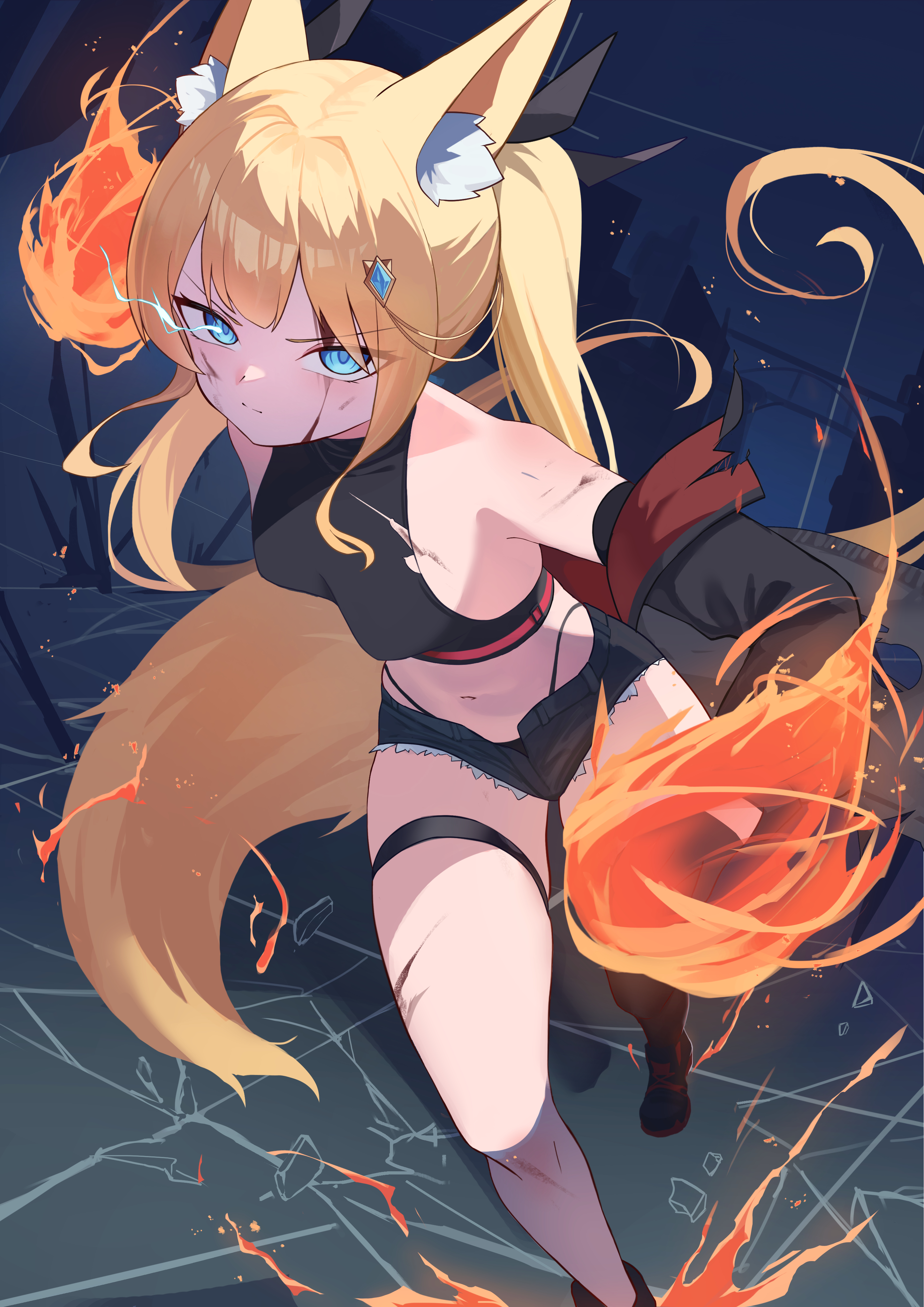 kareya (jixo95821699), original, absurdres, highres, 1girl, animal ear fluff, animal ears, asymmetrical legwear, bare shoulders, black gloves, black sleeves, black tank top, black thighhighs, blonde hair, blood, blood on face, blue eyes, breasts, denim, eye trail, fire, gloves, jeans, light trail, looking at viewer, magic, navel, pants, serious, short shorts, shorts, solo, stomach, tank top, thigh strap, thighhighs, thighs, twintails