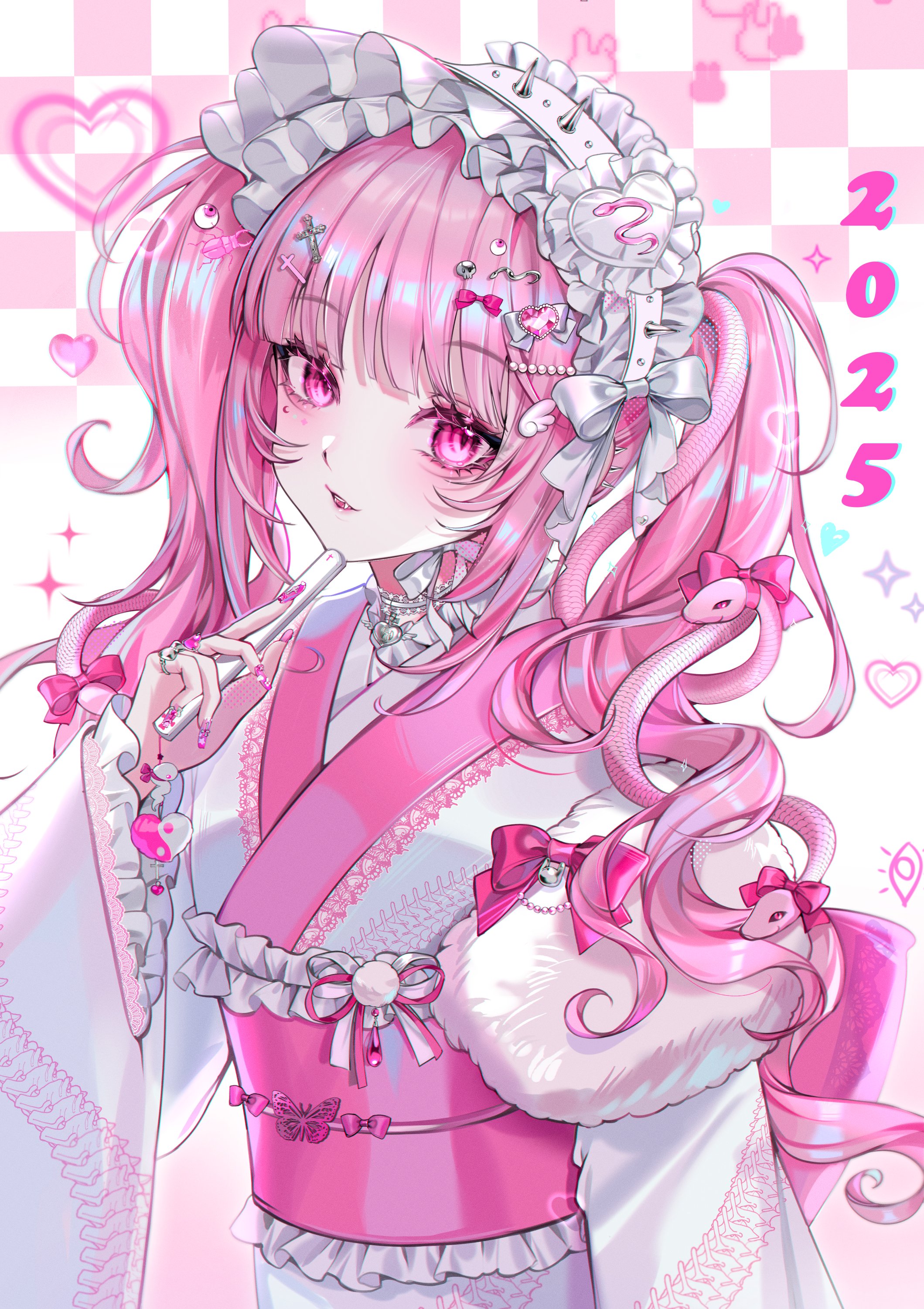 saga666, original, absurdres, commentary, english commentary, highres, 1girl, 2025, aegyo sal, bow, choker, fingernails, frilled hairband, frills, hair ornament, hairband, hand up, heart, heart choker, holding, japanese clothes, kimono, long fingernails, long hair, long sleeves, looking at viewer, nail polish, parted lips, pink eyes, pink hair, pink kimono, pink nails, pink theme, silver choker, smile, solo, twintails, two-tone kimono, upper body, white bow, white kimono, wispy bangs