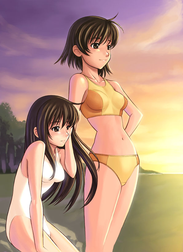 yasuomi, 2girls, bare shoulders, bikini, brown eyes, brown hair, long hair, multiple girls, nature, one-piece swimsuit, sunset, swimsuit, tareme, white one-piece swimsuit, yellow bikini