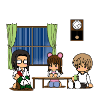fukuzawa yumi, katou kei, satou sei, maria-sama ga miteru, animated, animated gif, lowres, 00s, 3girls, animal ears, blonde hair, chabudai (table), clock, cup, drinking, multiple girls, rain, simple background, table, wall clock, white background, yunomi