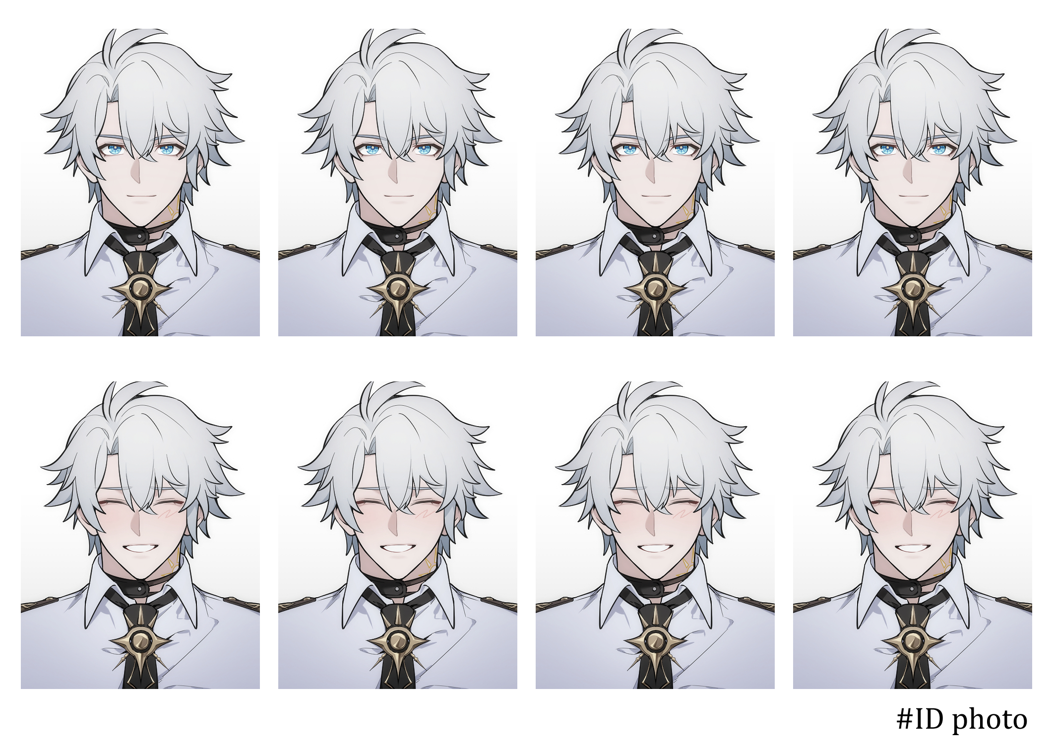 fumei20220904, phainon (honkai: star rail), honkai: star rail, honkai (series), highres, 1boy, alternate costume, antenna hair, black choker, black necktie, blue eyes, blush, border, choker, closed eyes, closed mouth, collared shirt, crossed bangs, english text, grey hair, hair between eyes, looking at viewer, male focus, multiple views, neck tattoo, necktie, shirt, short hair, simple background, smile, sun ornament, sun symbol, sun tattoo, tan, tattoo, teeth, upper body, white background, white border, white shirt, yellow pupils