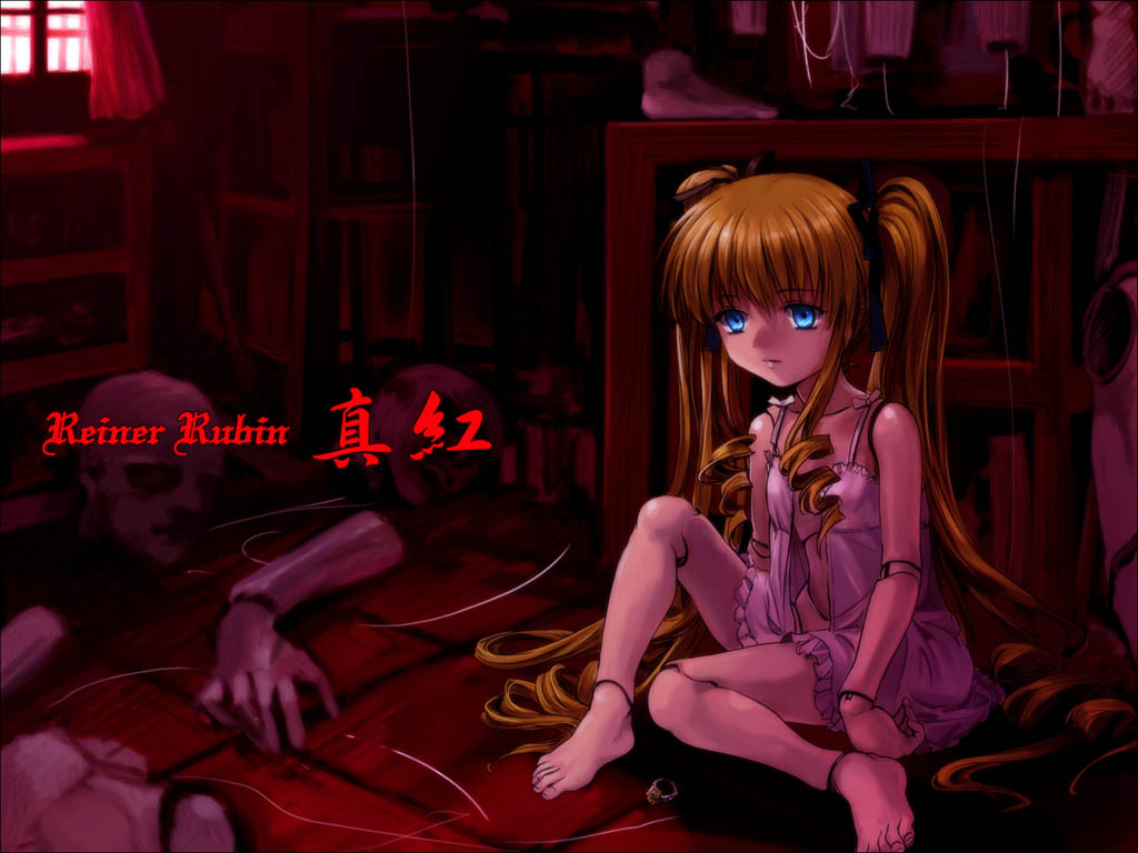 mutsuki (moonknives), shinku, gentosha, rozen maiden, 00s, 1girl, barefoot, blonde hair, blue eyes, book, doll joints, drill hair, expressionless, female focus, jewelry, joints, long hair, open clothes, purple theme, ring, room, roomscape, shelf, sitting, solo, string, twintails, underwear, very long hair