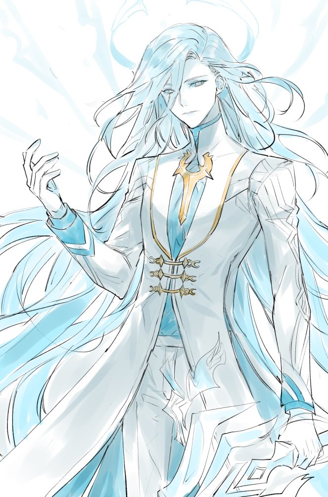 happy nr2, ainchase ishmael, richter (elsword), elsword, korean commentary, 1boy, arm at side, blue coat, blue eyes, blue hair, blue shirt, brooch, buttons, closed mouth, coat, colored skin, cowboy shot, detached wings, diamond button, energy wings, expressionless, gloves, hair behind ear, hair between eyes, halo, hand up, holding, holding sword, holding weapon, jewelry, lapels, long hair, long hair between eyes, long sleeves, looking at viewer, male focus, pants, shawl lapels, shirt, side part, simple background, solo, standing, sword, two-sided coat, two-sided fabric, very long hair, weapon, white background, white coat, white gloves, white halo, white pants, white skin, wings