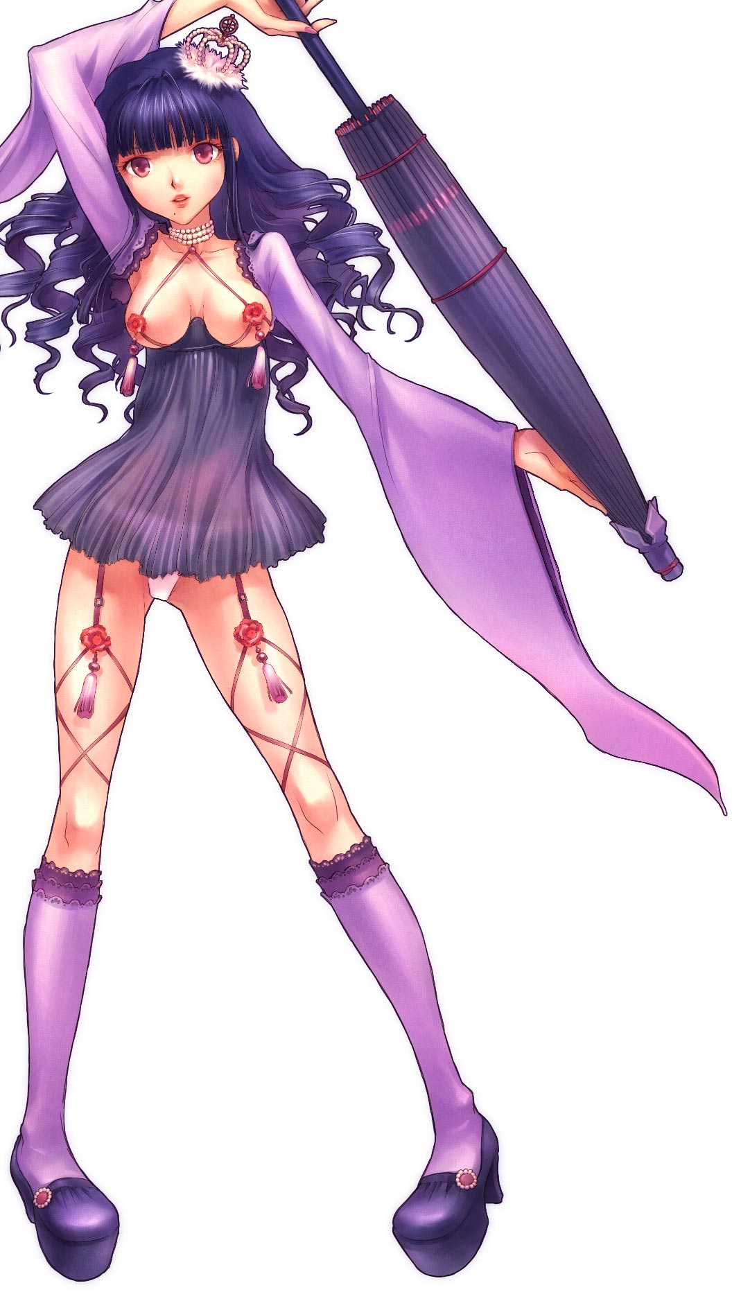 nishimura eri, original, highres, 1girl, breasts, crown, curly hair, female focus, frilled socks, frills, full body, garter belt, gem, high heels, kneehighs, legs apart, long sleeves, medium breasts, mole, mole under mouth, oil-paper umbrella, panties, pasties, pearl (gemstone), platform shoes, purple eyes, purple hair, purple socks, purple theme, shoes, socks, solo, standing, umbrella, underwear