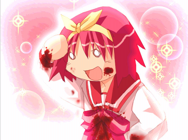 kamigishi akari, to heart, to heart (series), 1girl, blood, blood on face, bow, female focus, o o, pink background, pink theme, solo, sparkle, yellow bow