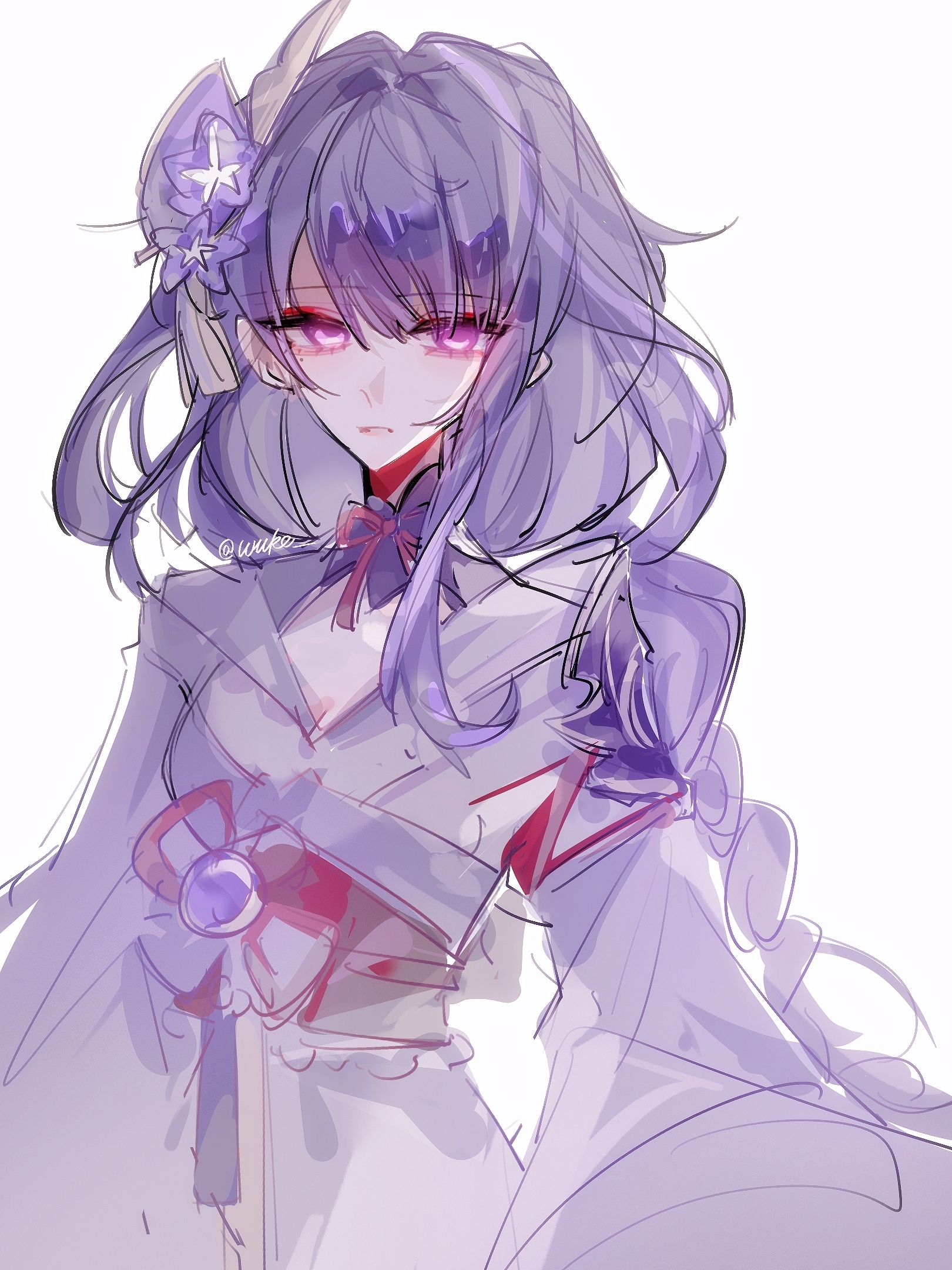1433990970, raiden shogun, genshin impact, highres, 1girl, armor, artist name, blunt bangs, braid, eyeliner, fan hair ornament, flower, flower ornament, hair ornament, japanese clothes, kimono, lofter username, long braid, long hair, long sleeves, looking at viewer, makeup, mole, mole under eye, multicolored hair, neck ribbon, off shoulder, parted lips, purple eyes, purple flower, purple hair, purple kimono, red eyeliner, red ribbon, red sash, ribbon, sash, shade, shoulder armor, simple background, single braid, sketch, solo, standing, streaked hair, teeth, upper body, white background, wide sleeves