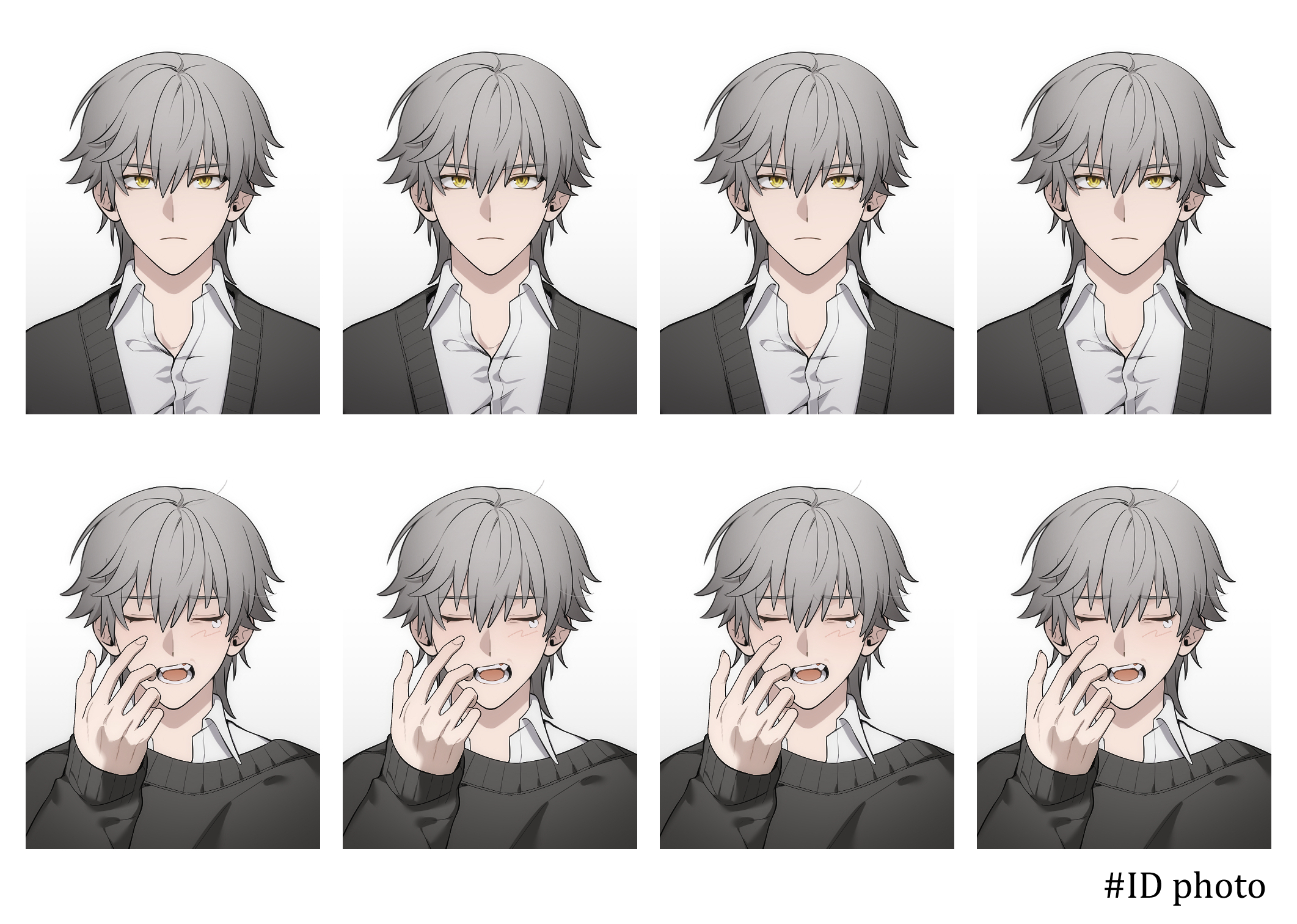 fumei20220904, caelus (honkai: star rail), trailblazer (honkai: star rail), honkai: star rail, honkai (series), highres, 1boy, alternate costume, black sweater, blush, border, closed eyes, closed mouth, collared shirt, english text, fangs, fingernails, grey hair, hair between eyes, hand up, long sleeves, looking at viewer, male focus, multiple views, open mouth, puffy long sleeves, puffy sleeves, shirt, short hair, simple background, sleepy, smile, sweater, teeth, upper body, white background, white border, white shirt, yellow eyes