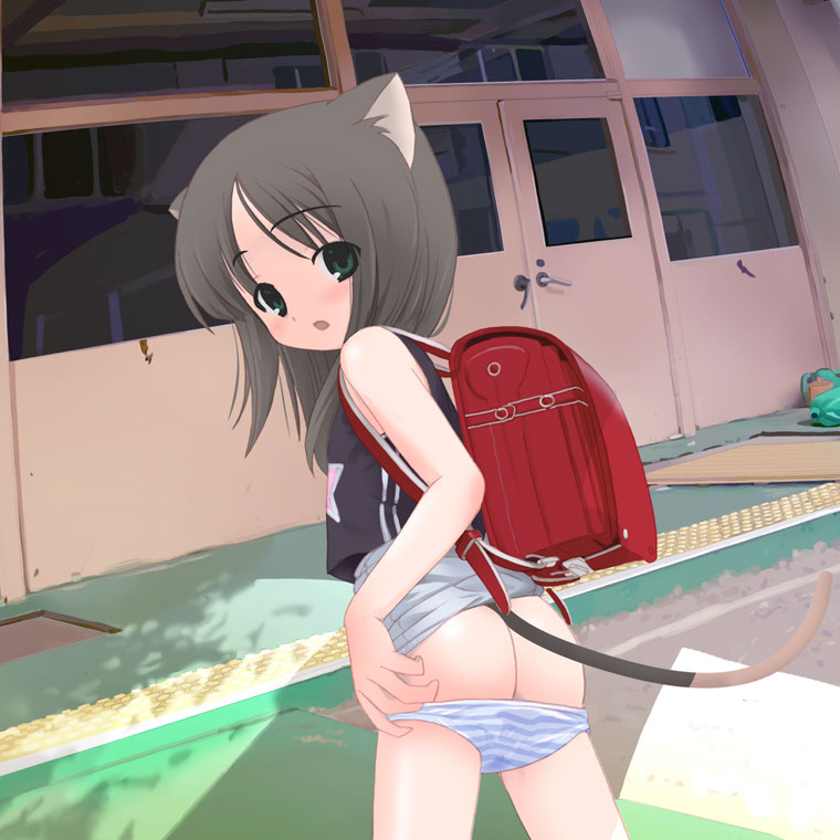 houmitsu, copyright request, source request, 1girl, :o, animal ears, ass, backpack, bag, blush, cat ears, cat tail, clothes lift, female focus, from behind, green eyes, grey hair, loli, looking back, outdoors, panties, panty pull, randoseru, skirt, skirt lift, solo, striped clothes, striped panties, tail, underwear