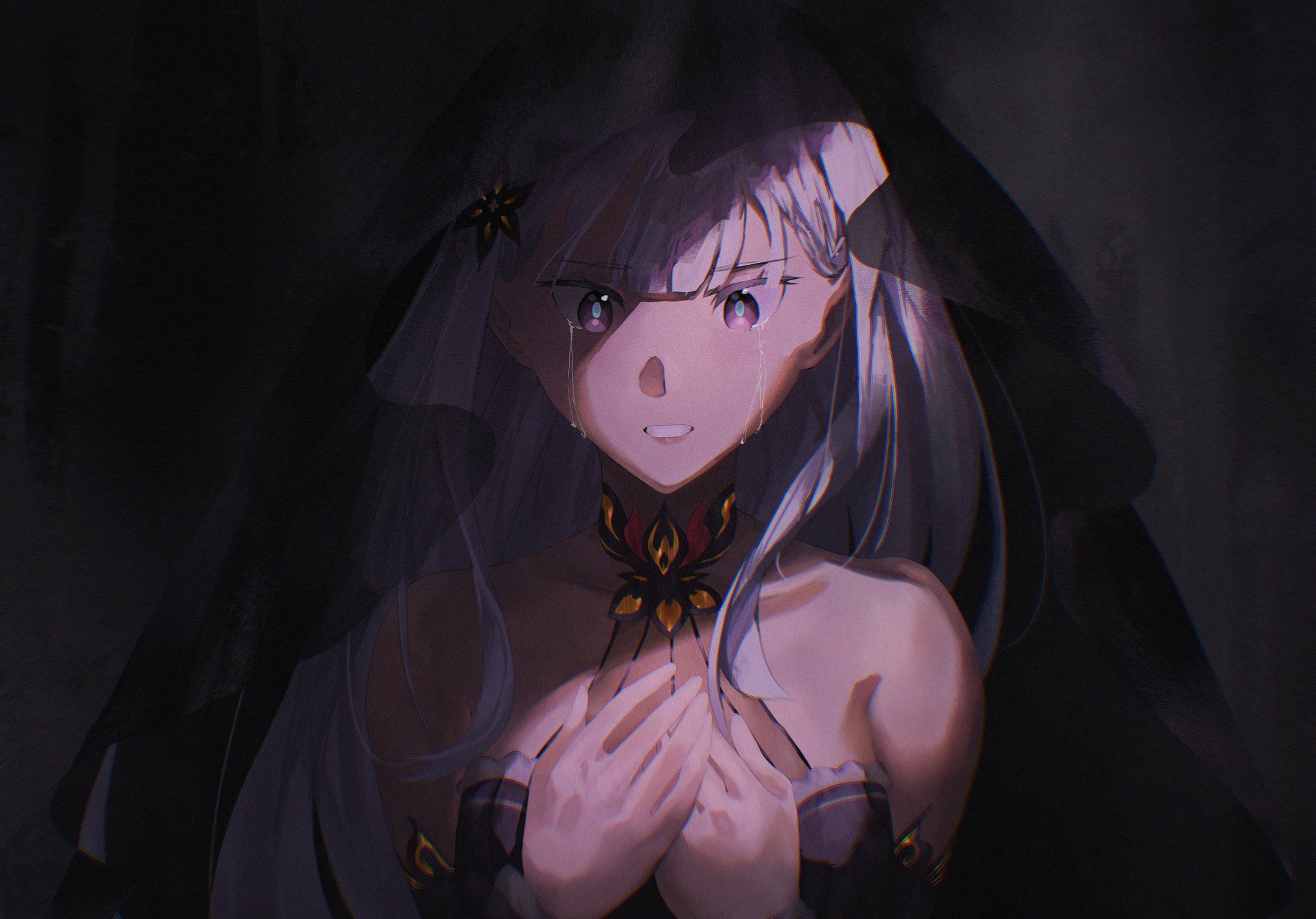 ringotashi, satella (re:zero), re:zero kara hajimeru isekai seikatsu, highres, bare shoulders, black dress, choker, crying, crying with eyes open, dark background, dress, flower ornament, grey hair, hair ornament, long hair, own hands together, parted lips, purple eyes, strapless, strapless dress, tears, veil