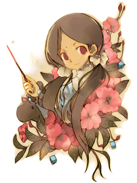 kaya, kei (keigarou), kaya xavier, littlewitch, shoujo mahou gaku littlewitch romanesque, 1girl, dark-skinned female, dark skin, female focus, flower, holding, holding wand, long hair, solo, twintails, wand