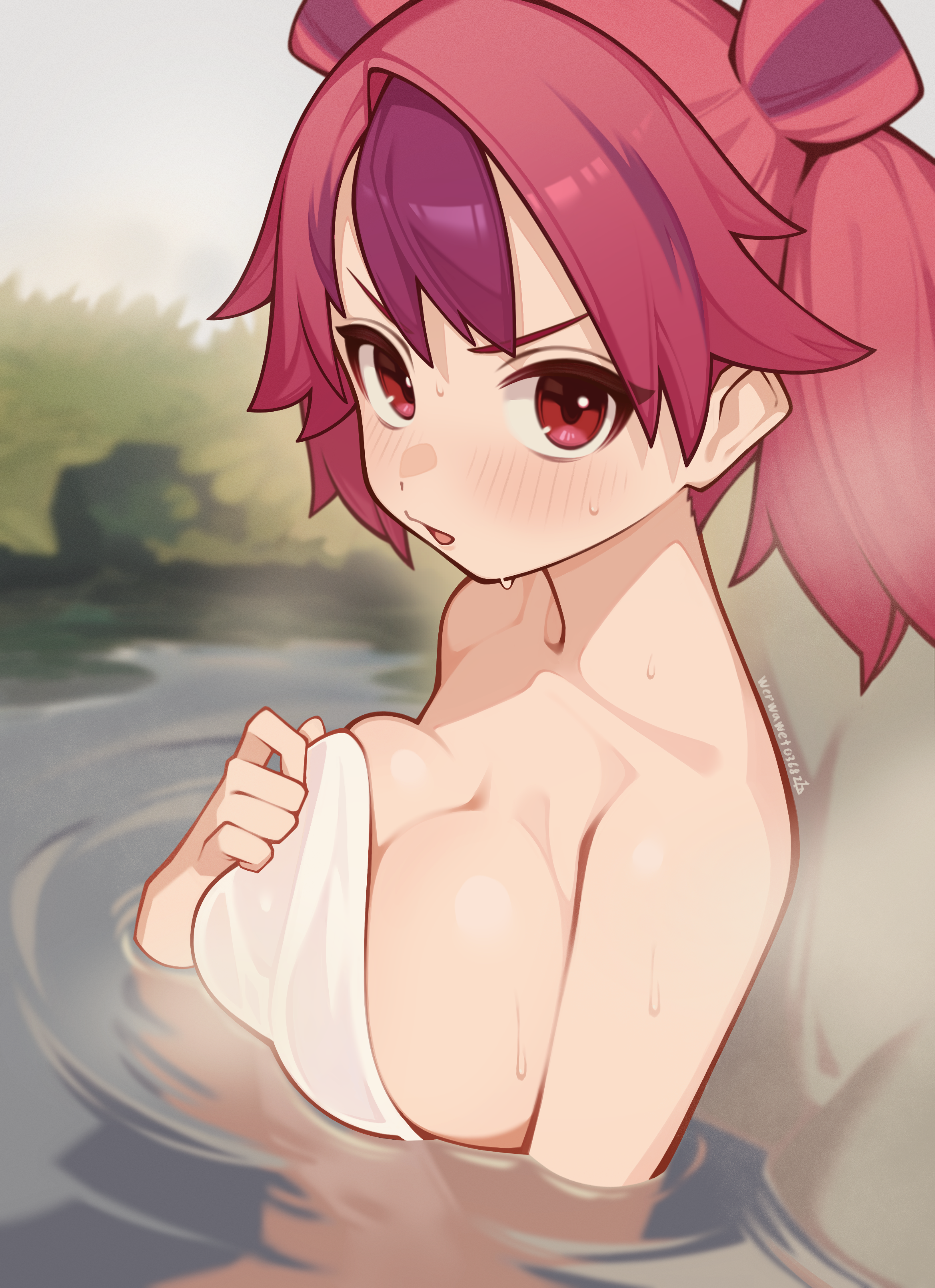 wepwawet, ha-re the sword mikanko, yu-gi-oh!, absurdres, highres, 1girl, breasts, covering breasts, covering privates, duel monster, holding, holding towel, large breasts, naked towel, onsen, pout, red eyes, red hair, solo, towel, twintails
