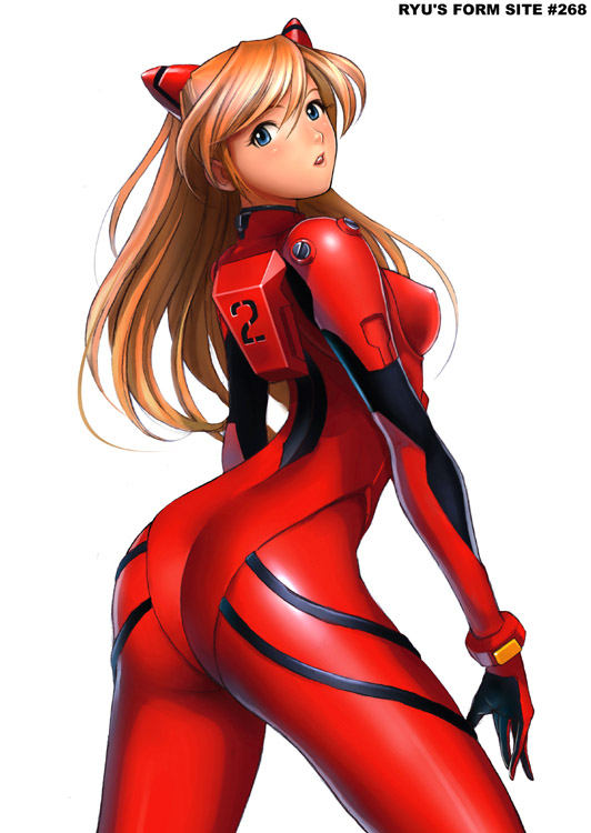 ryu (ryu's form site), souryuu asuka langley, neon genesis evangelion, 1girl, ass, blue eyes, bodysuit, brown hair, curvy, female focus, huge ass, latex, looking at viewer, looking back, mecha pilot suit, orange hair, plugsuit (evangelion), red bodysuit, simple background, skin tight, solo, white background, wide hips
