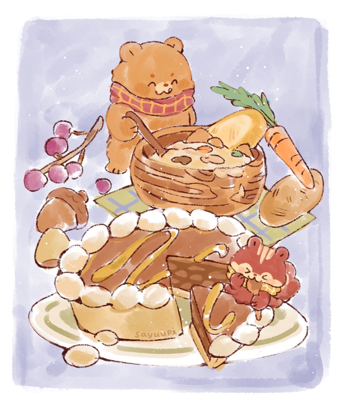 sayuupi, original, highres, > <, acorn, animal, artist name, bear, blush, bowl, carrot, closed eyes, closed mouth, food, fruit, grapes, holding, holding spoon, no humans, pie, plate, potato, scarf, smile, soup, spoon, squirrel