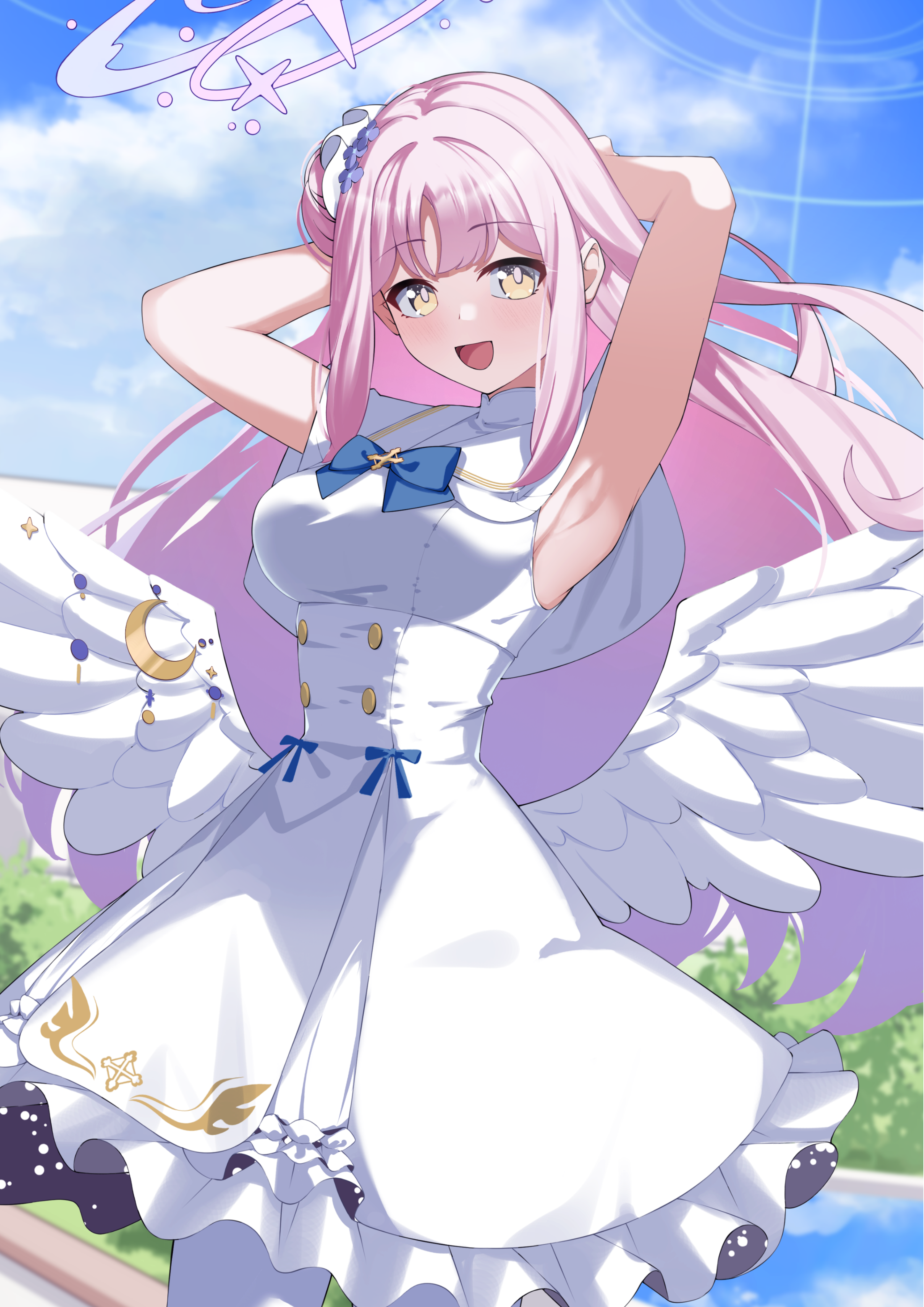 fukujin, mika (blue archive), blue archive, absurdres, highres, 1girl, angel wings, armpits, arms behind head, arms up, blue bow, blue bowtie, bow, bowtie, breasts, buttons, capelet, double-breasted, dress, feathered wings, frilled dress, frills, hair bun, hair ornament, halo, high-waist skirt, high heels, long hair, low wings, medium breasts, medium dress, open mouth, pantyhose, pink hair, pink halo, pumps, scrunchie, single hair bun, single side bun, skirt, sleeveless, sleeveless dress, smile, solo, very long hair, white capelet, white dress, white pantyhose, white skirt, white wings, wing ornament, wings, wrist scrunchie