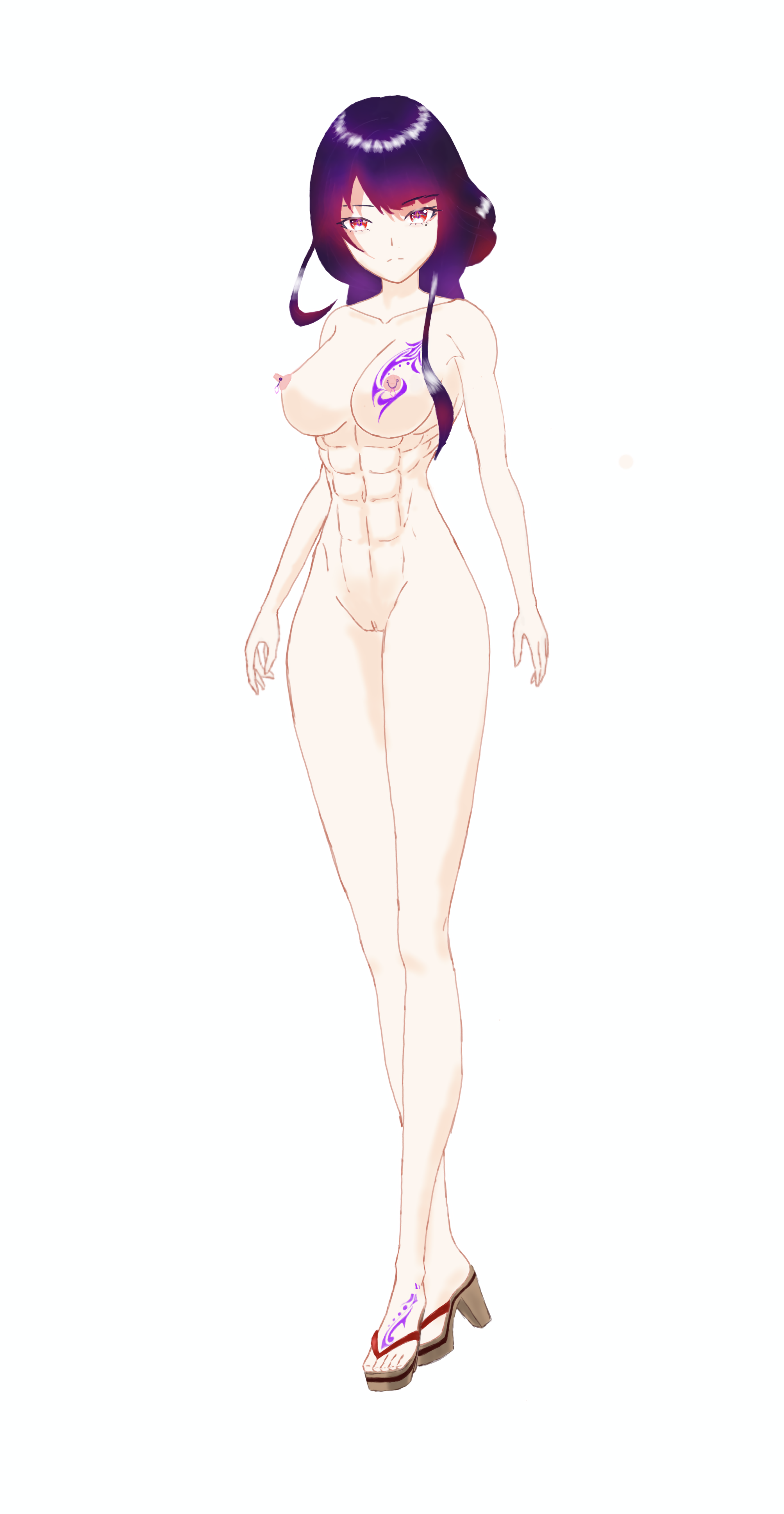 raiden shogun, genshin impact, absurdres, highres, non-web source, 1girl, abs, black hair, breast tattoo, breasts, feet, high heels, kuudere, large breasts, muscular, muscular female, nipple piercing, nipples, piercing, purple hair, pussy, red eyes, tattoo