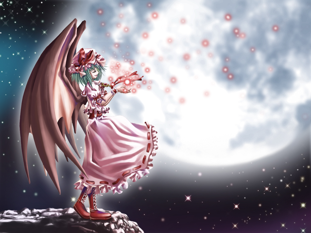 aozora market, remilia scarlet, touhou, 1girl, bat wings, blue hair, boots, female focus, frills, full moon, hat, lace-up boots, mob cap, moon, night, night sky, oversized wings, short hair, sky, solo, star (sky), starry sky, wings