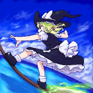 daizan (mount position), kirisame marisa, touhou, lowres, md5 mismatch, 1girl, black hat, blonde hair, broom, broom riding, broom surfing, female focus, hat, oekaki, solo, witch hat