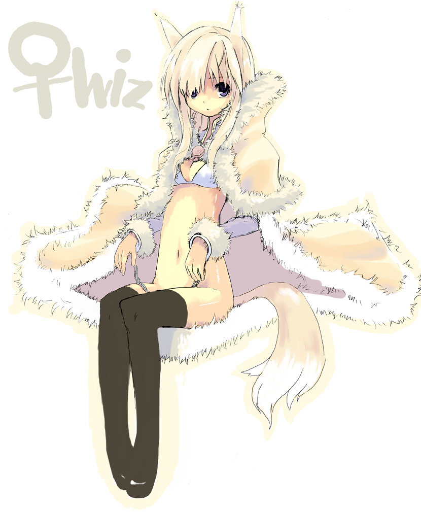 sanada taketo, 1girl, animal ears, black thighhighs, chain, cuffs, female focus, fox ears, handcuffs, no panties, solo, tail, thighhighs, venus symbol, white background
