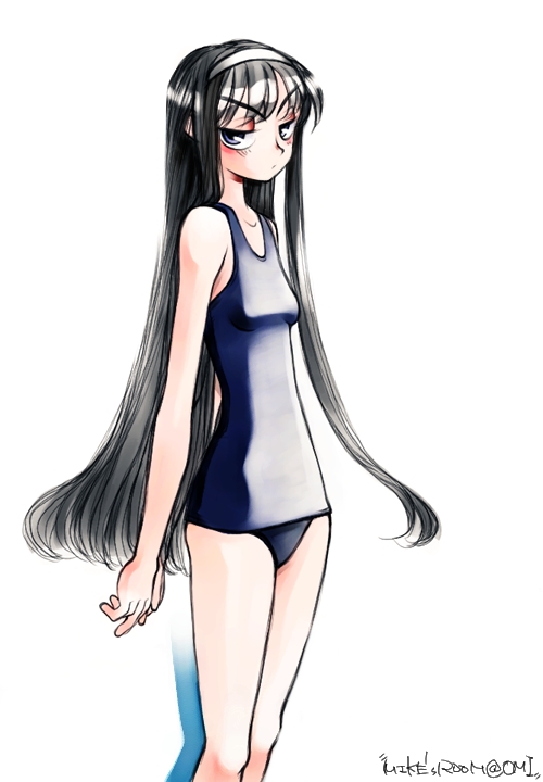mike156, tohno akiha, tsukihime, 00s, 1girl, black eyes, black hair, blue one-piece swimsuit, female focus, frown, hairband, half-closed eyes, long hair, one-piece swimsuit, school swimsuit, simple background, skinny, solo, swimsuit, very long hair, white background