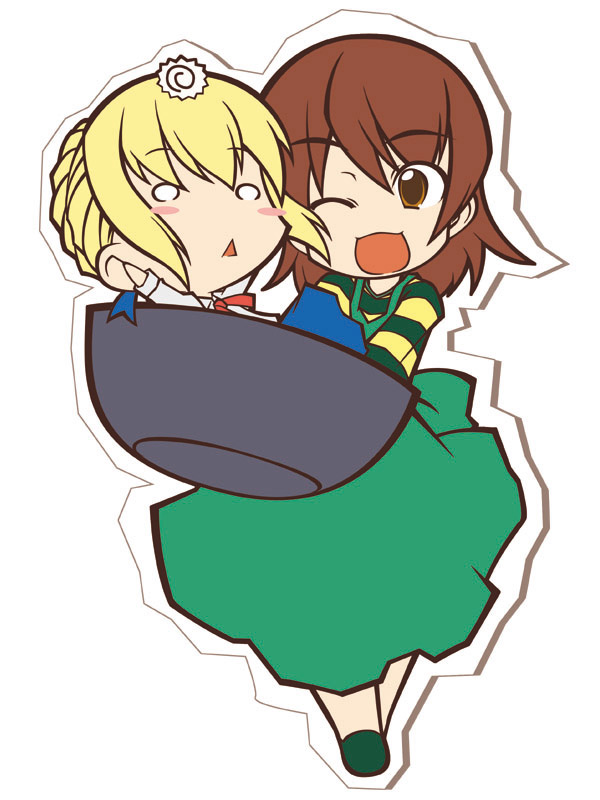 akane yuki, artoria pendragon (fate), fujimura taiga, saber (fate), fate/stay night, fate (series), 00s, 2girls, :<, blonde hair, brown eyes, brown hair, carrying, chibi, chibi only, food, kamaboko, multiple girls, narutomaki, o o, one eye closed, triangle mouth, wink