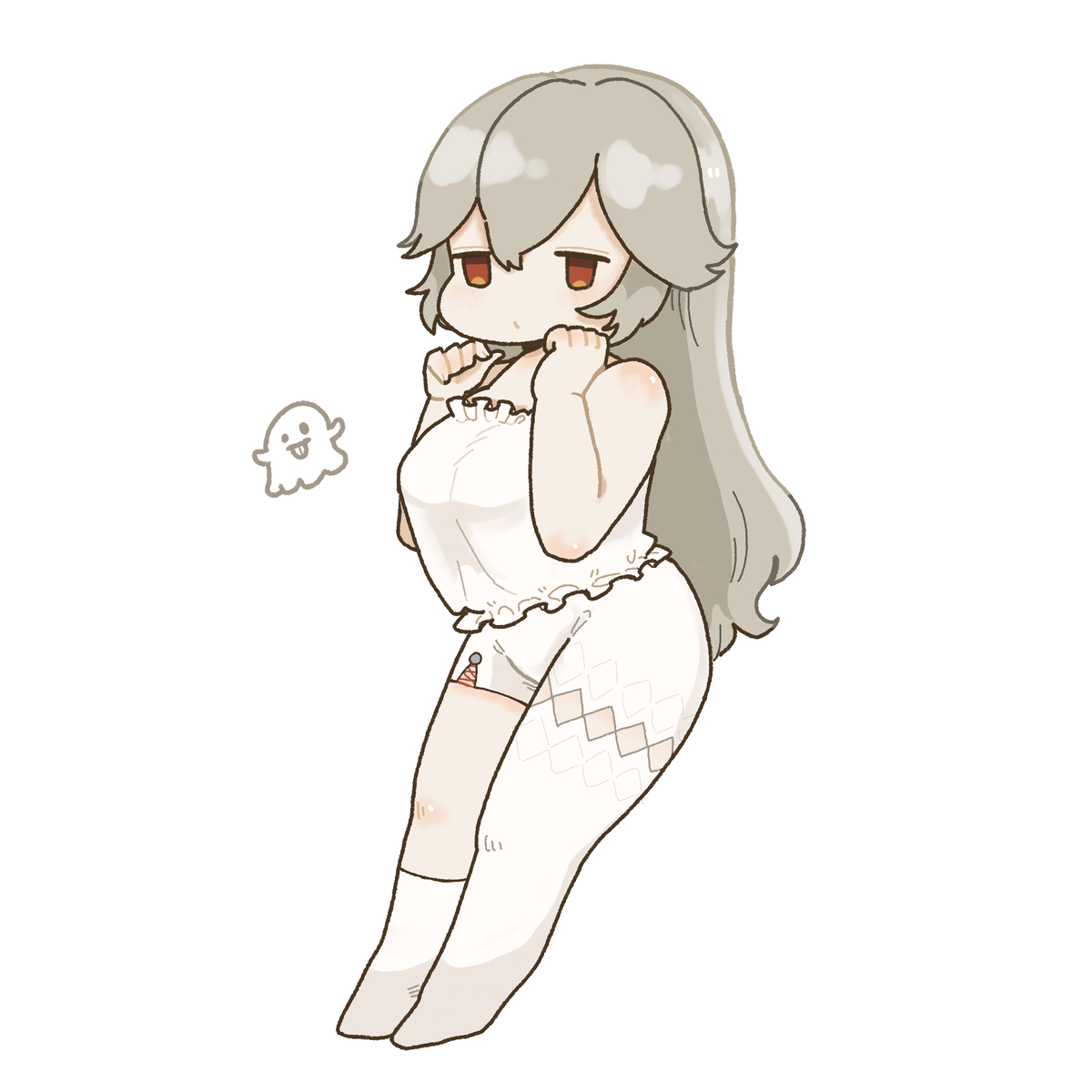 wodon (neotidon), alexandrina sebastiane, zenless zone zero, 1girl, breasts, brown hair, chibi, large breasts, long hair, nightgown, simple background, victoria housekeeping co. (zenless zone zero)