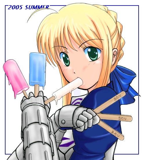 artoria pendragon (fate), saber (fate), fate/stay night, fate (series), 00s, 1girl, 2005, ahoge, armor, between fingers, blonde hair, braid, braided bun, dripping, female focus, food, green eyes, hair bun, holding, looking at viewer, popsicle, popsicle stick, solo