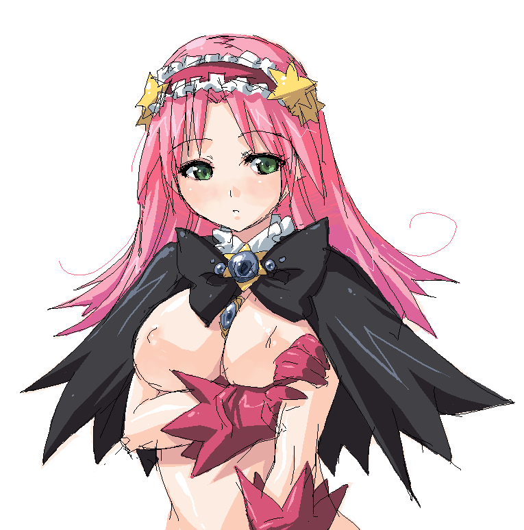 onija tarou, asaba ureshiko, okusama wa mahou shoujo, 00s, 1girl, breasts, female focus, gloves, green eyes, nipples, oekaki, pink hair, red gloves, solo